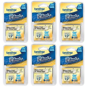Kit 6 Fita Para Rotulador Brother M231 12MM Preto e Branco